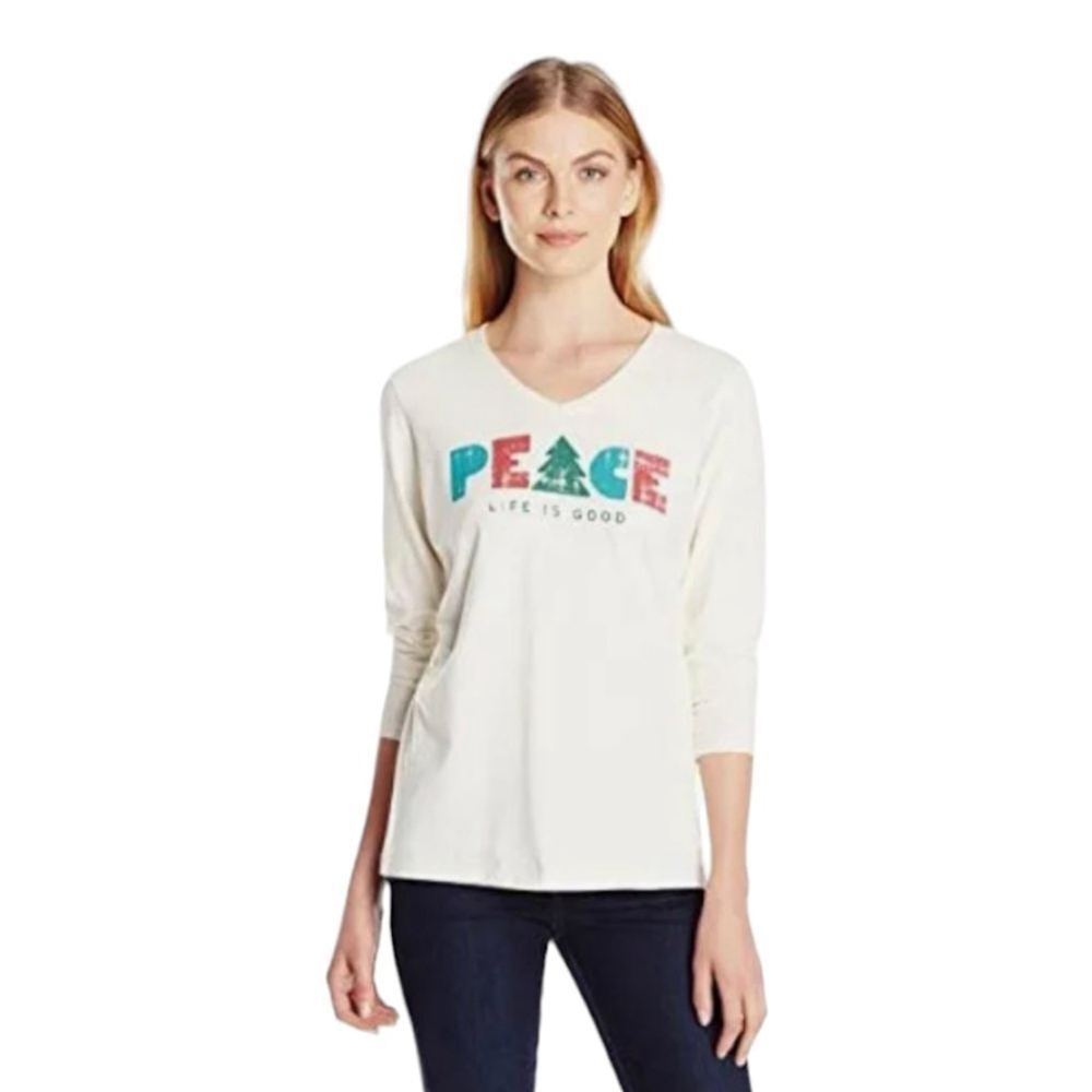 Life is Good Christmas Tree Peace Long Sleeve Soft Holiday Tee Sz L